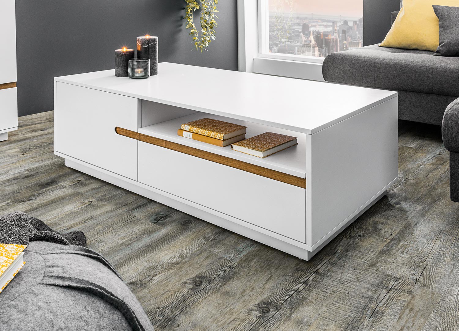 Table basse 2 portes, 2 tiroirs et 1 compartiment blanche et chêne