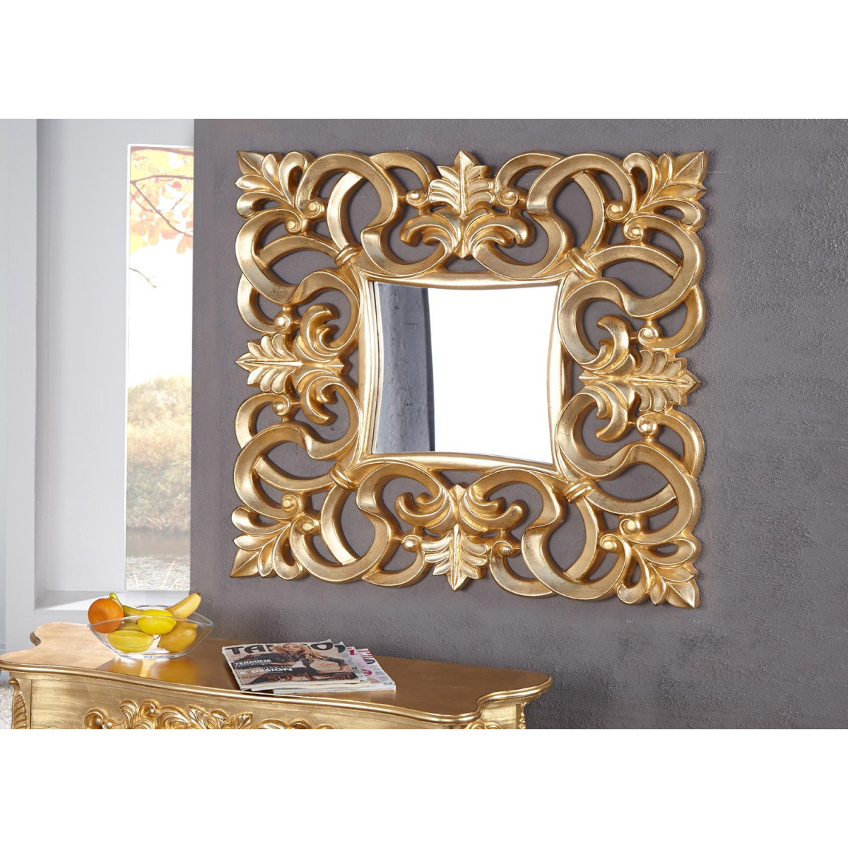 Miroir mural décoratif carré or antique de style baroque 75 cm