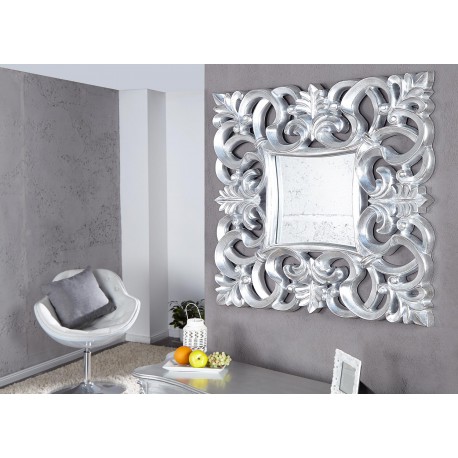 Miroir mural décoratif carré argent antique de style baroque 75 cm