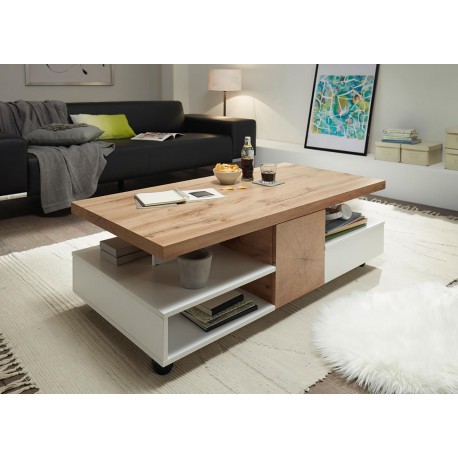 Table basse design rectangulaire 2 portes et 2 tiroirs sur roulettes