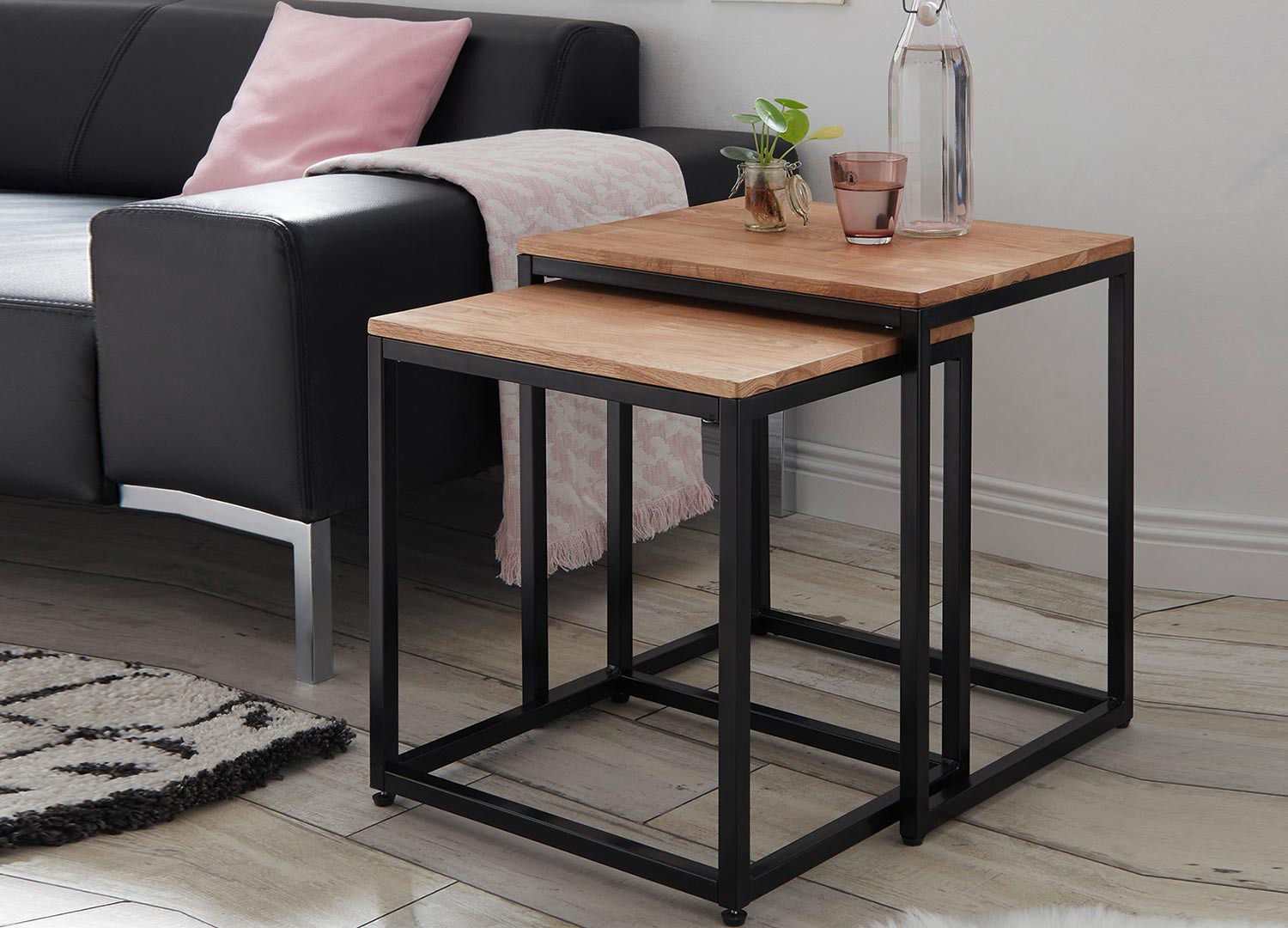 Lot de 2 tables d'appoint bout de canapé bois massif et métal