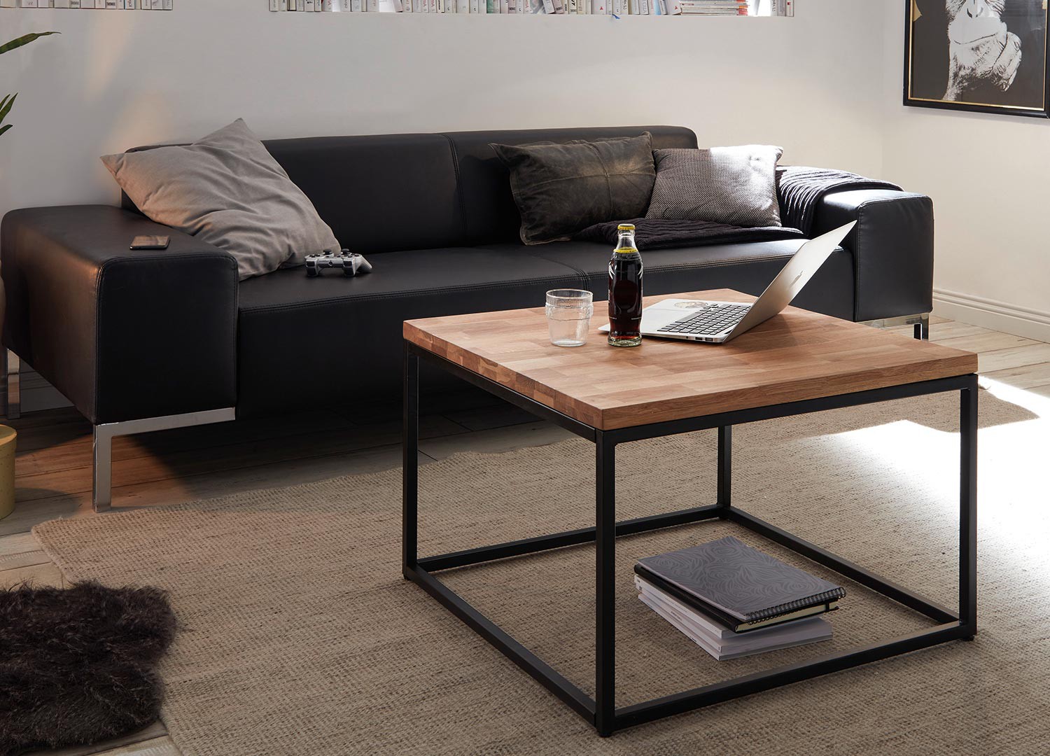 Table basse carrée bois massif et métal 70 cm