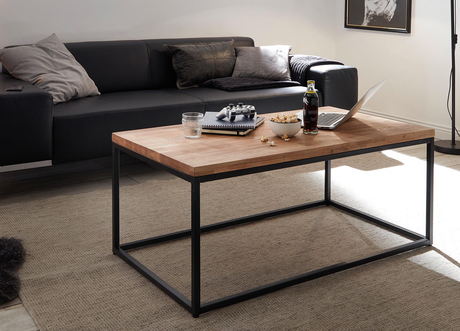 Table basse rectangulaire bois massif et métal 110 cm