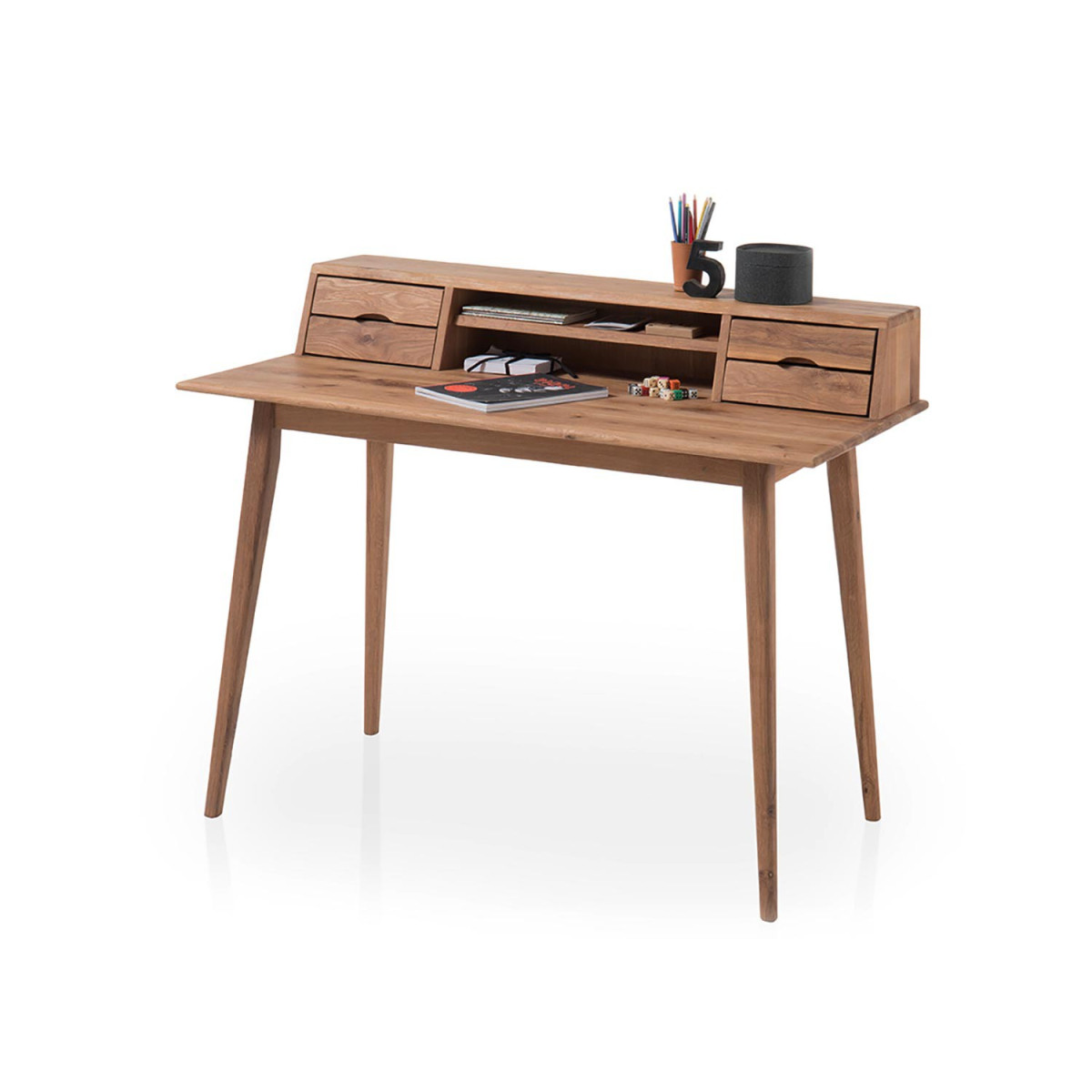 Bureau secrétaire bois massif 4 tiroirs et 2 niches 110 cm