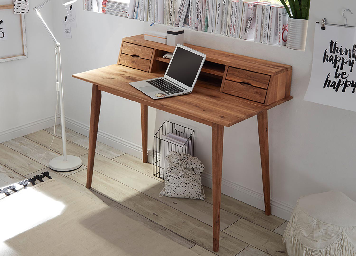 Bureau secrétaire bois massif 4 tiroirs et 2 niches 110 cm