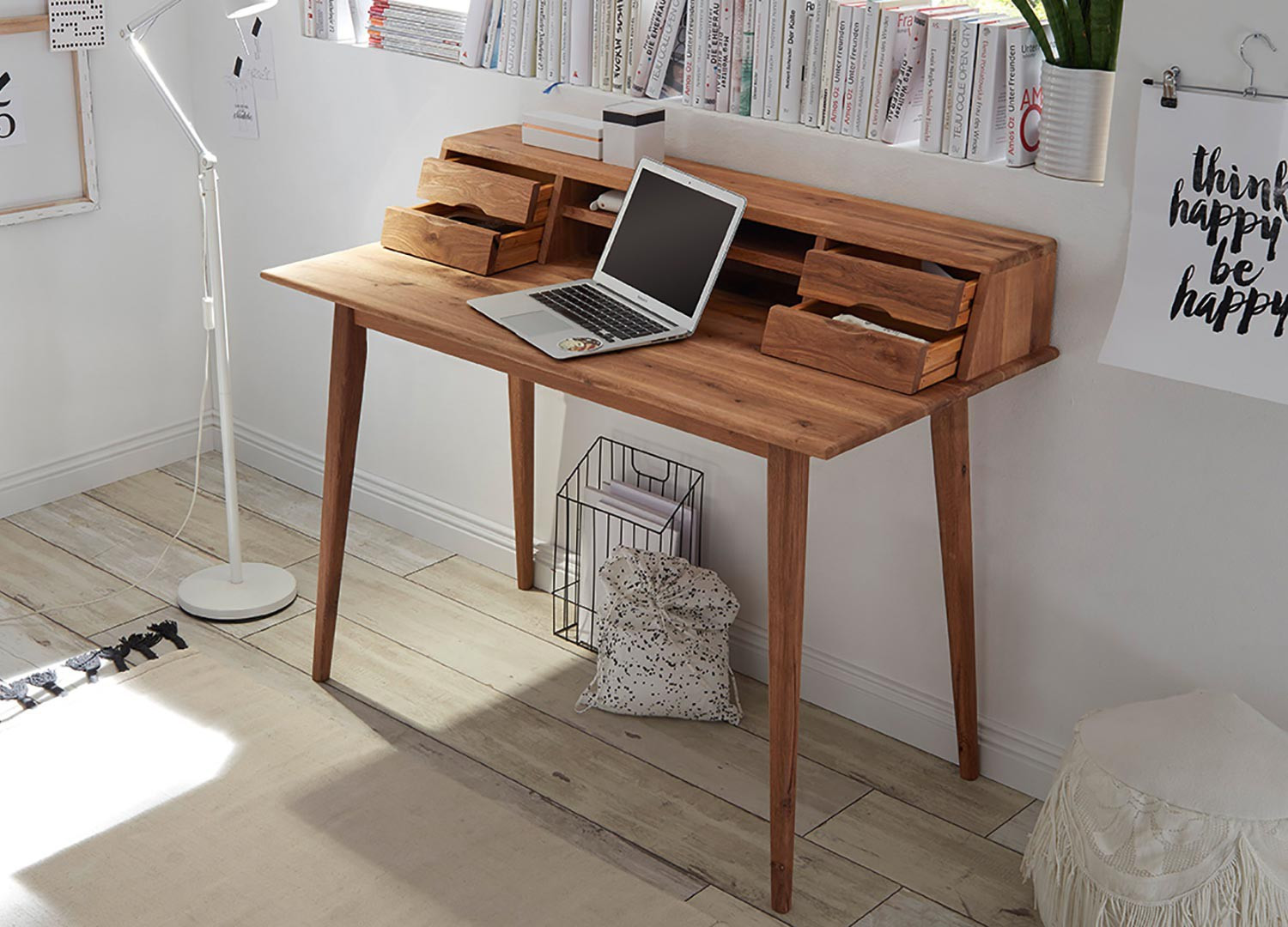 Bureau secrétaire bois massif 4 tiroirs et 2 niches 110 cm - Cbc-Meubles