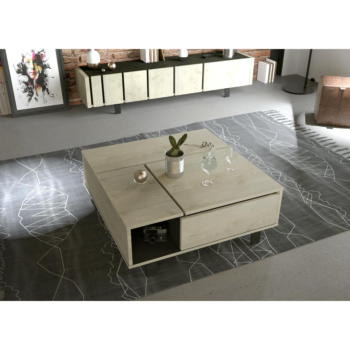 Table basse carrée plateau relevable chêne et pieds métal noir