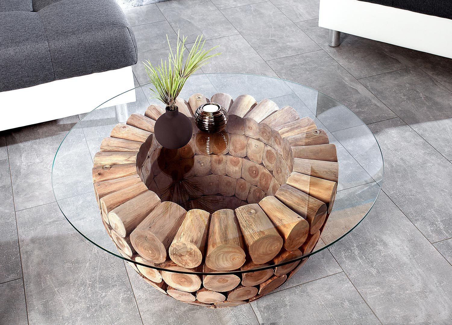 Table basse en bois de teck ronde avec plateau en verre  CbcMeubles