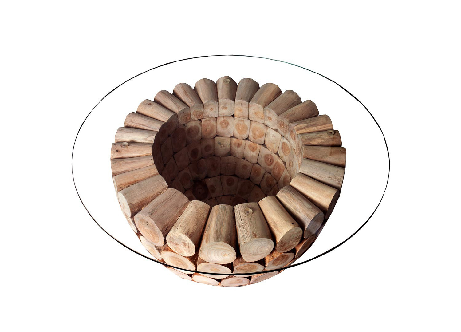 Table basse en bois de teck ronde avec plateau en verre  CbcMeubles
