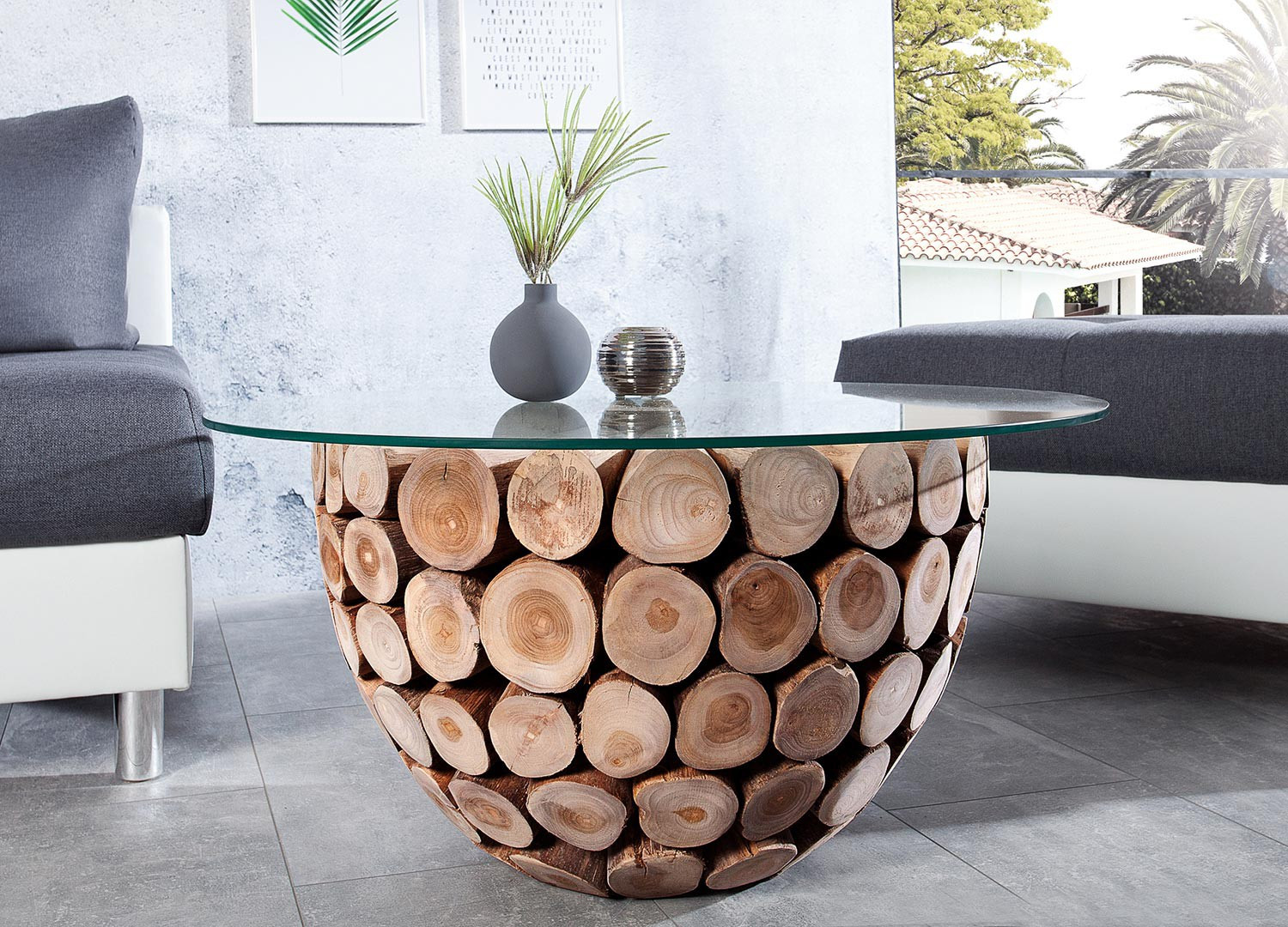 Table basse en bois de teck ronde avec plateau en verre  CbcMeubles