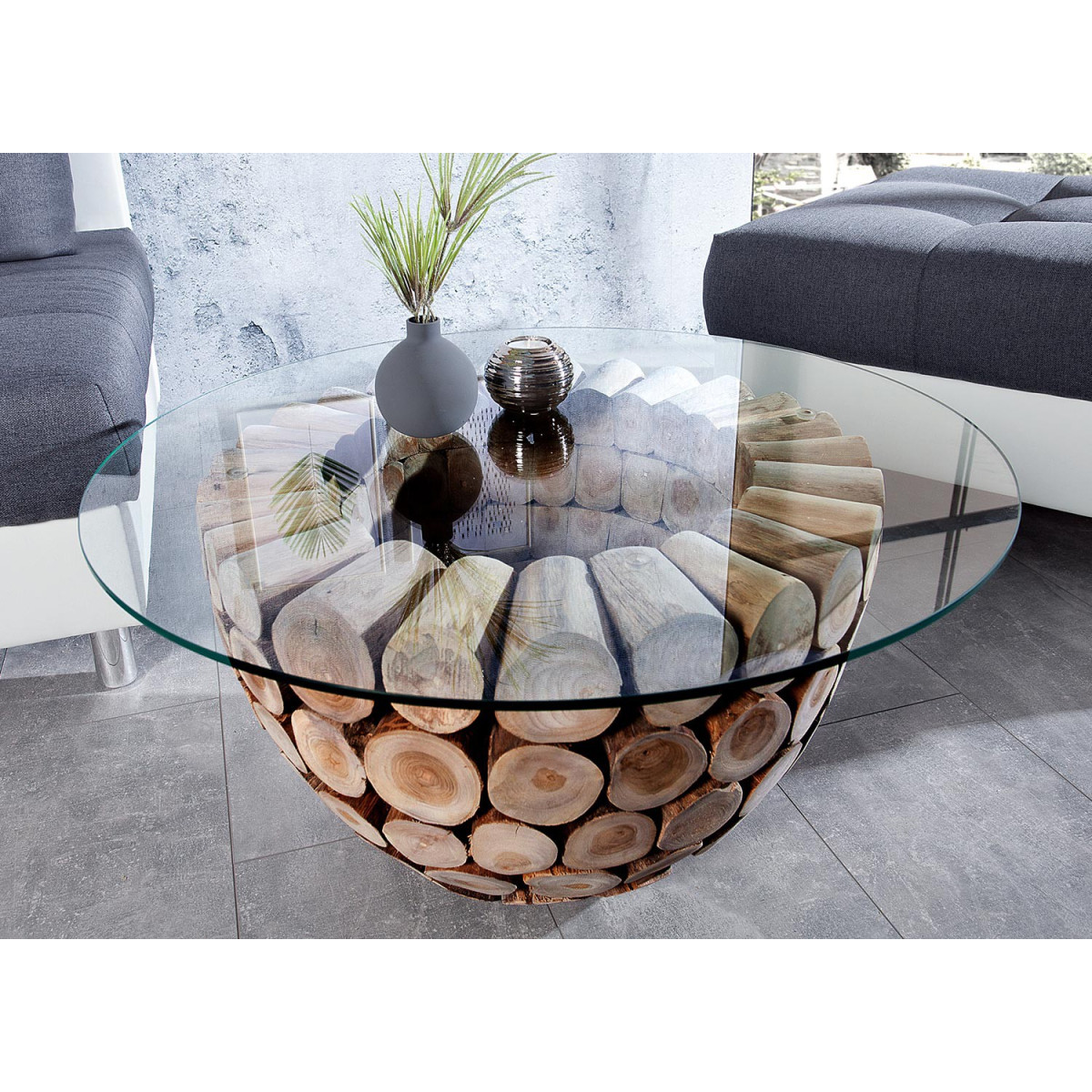 Table basse en bois de teck ronde avec plateau en verre