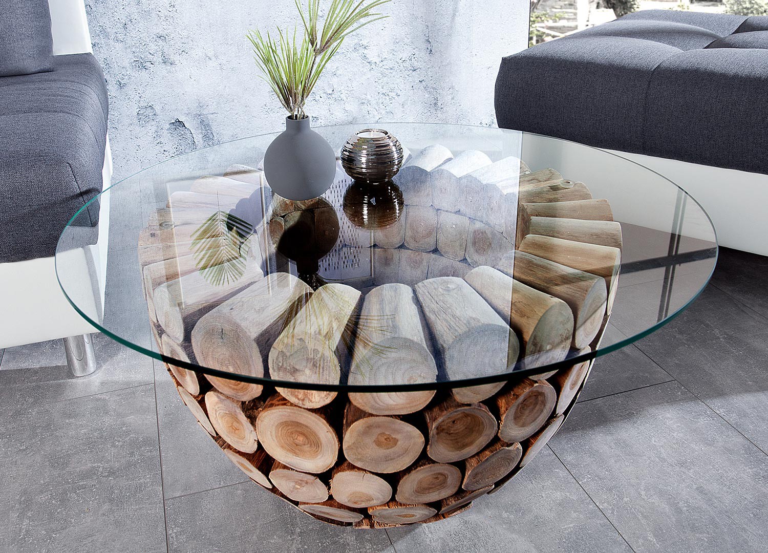 Table basse en bois de teck ronde avec plateau en verre