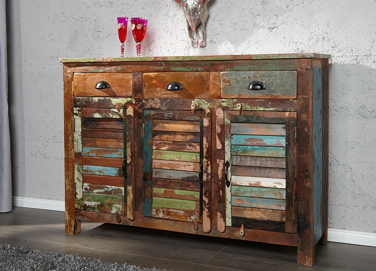 Meuble buffet en bois recyclé coloré 1m25