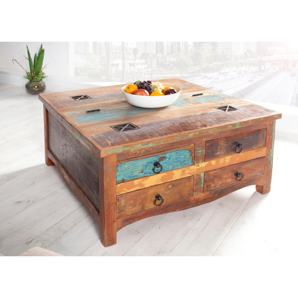 Table basse carrée bois massif recyclé coloré plateau relevable et 4 tiroirs