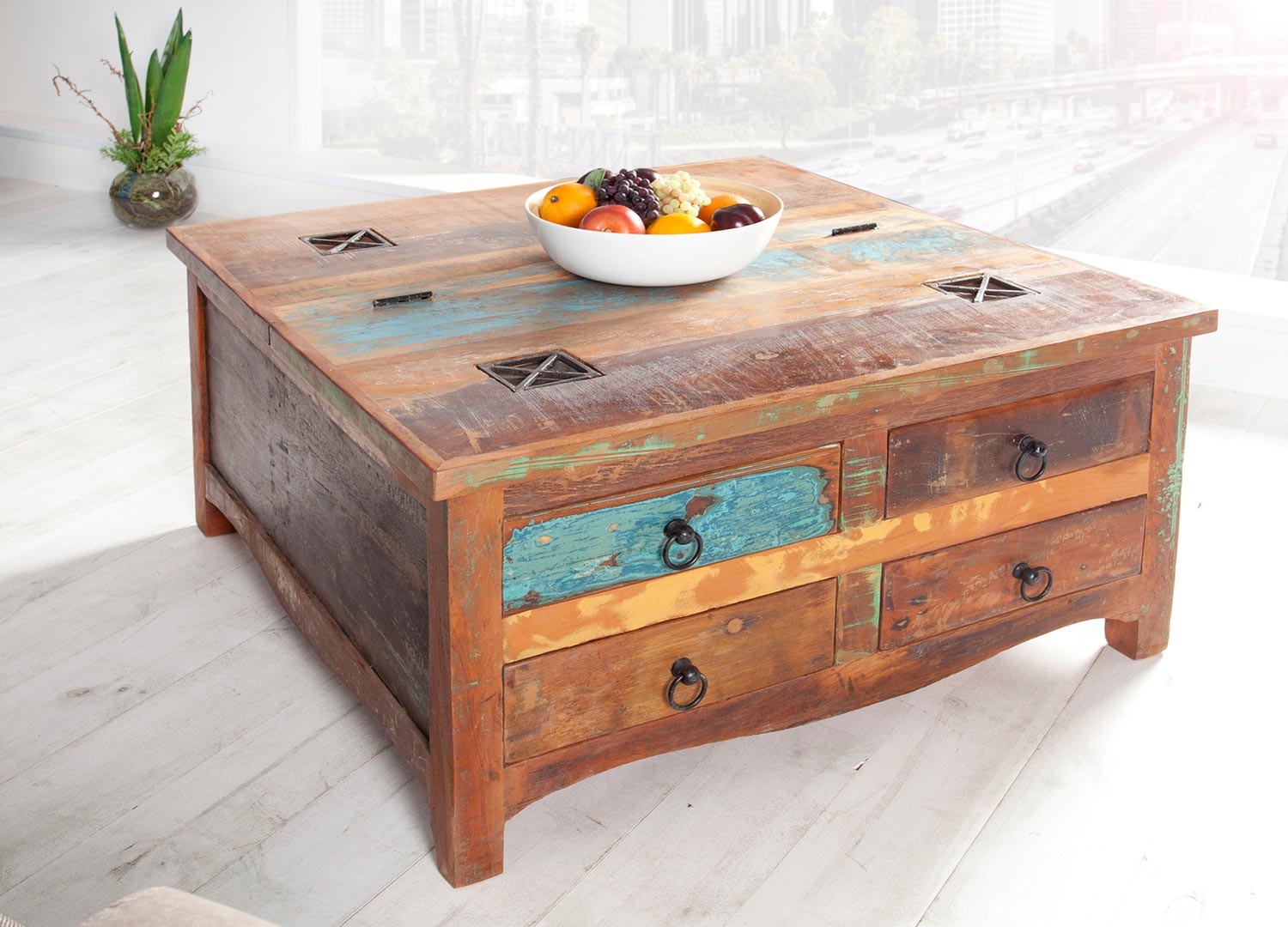 Table basse carrée bois massif recyclé coloré plateau relevable et 4 tiroirs