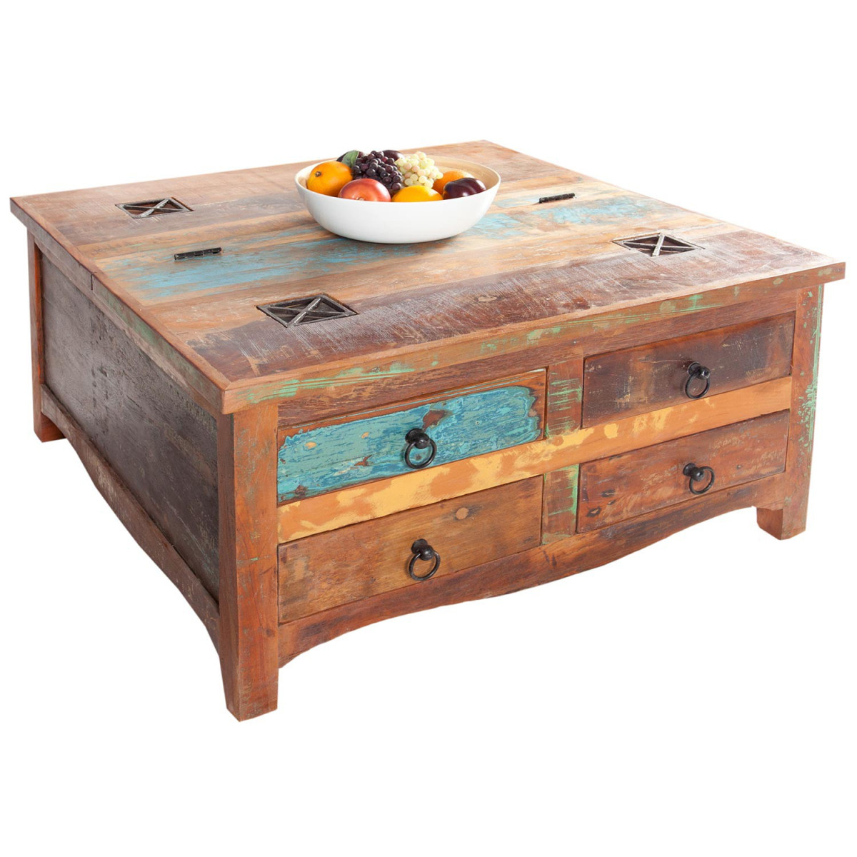 Table basse carrée bois massif recyclé coloré plateau relevable et 4 tiroirs