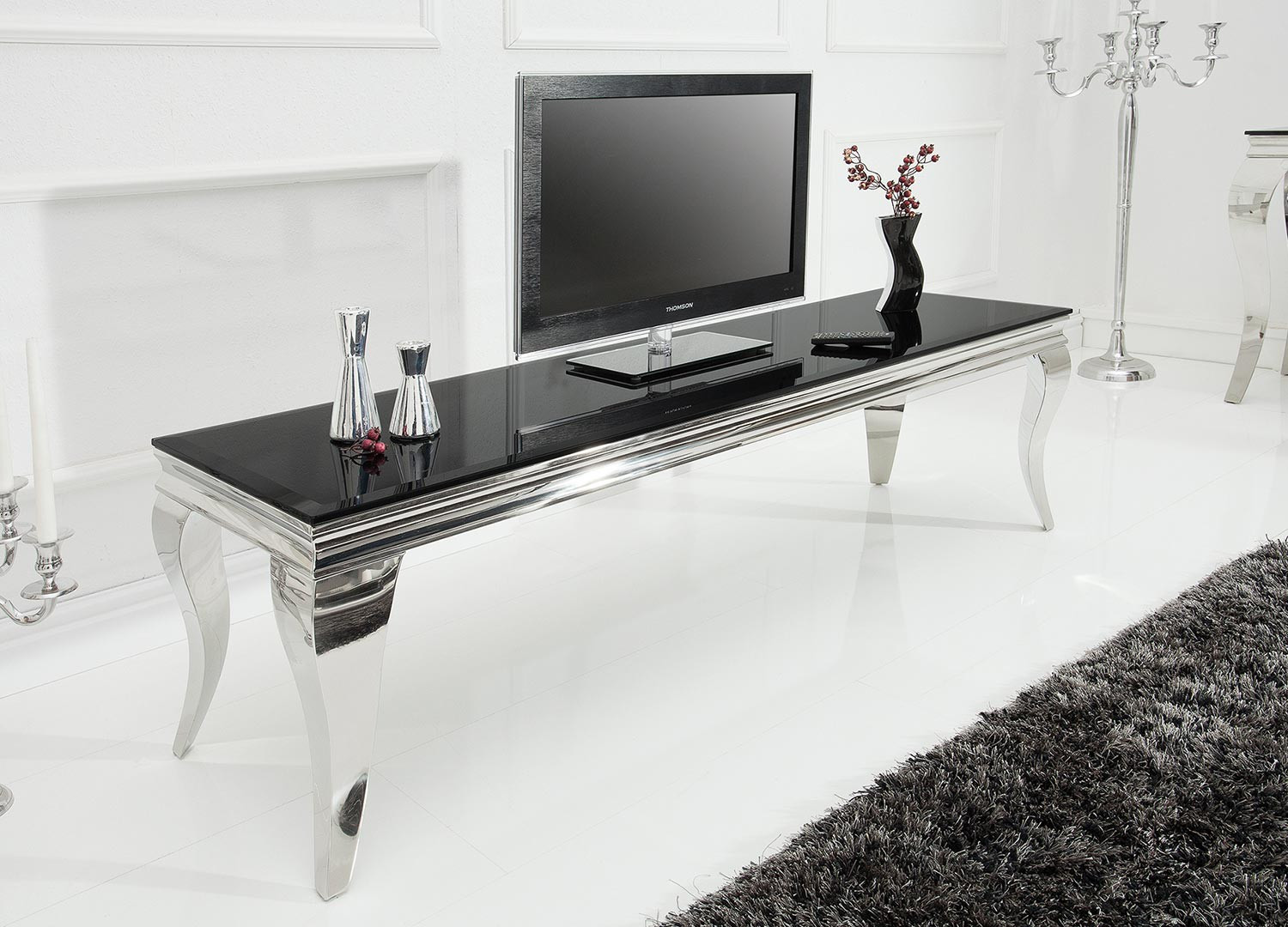 Meuble tv baroque verre opale noir et pied en acier poli ...