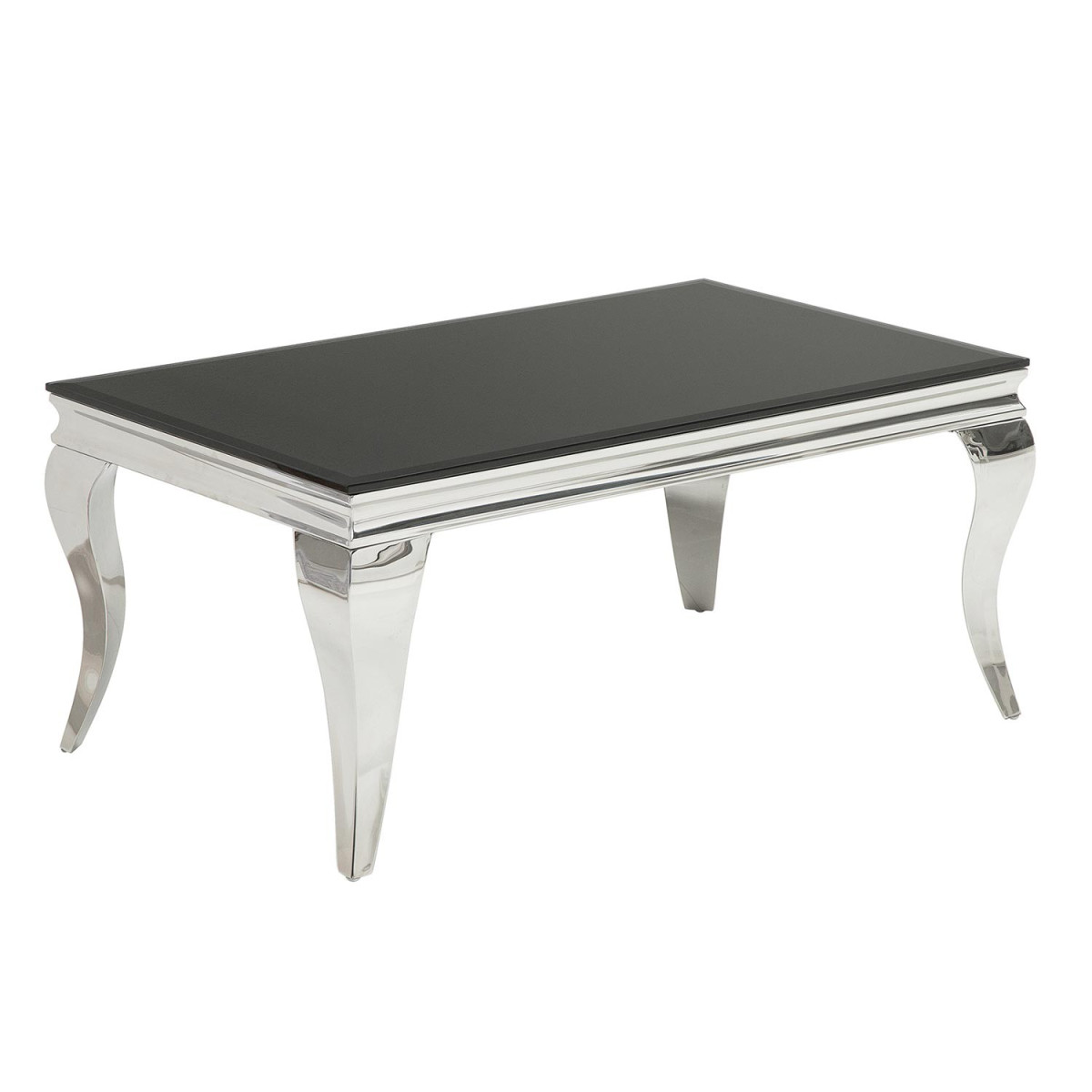 Table basse baroque verre opale noir et pied en acier poli