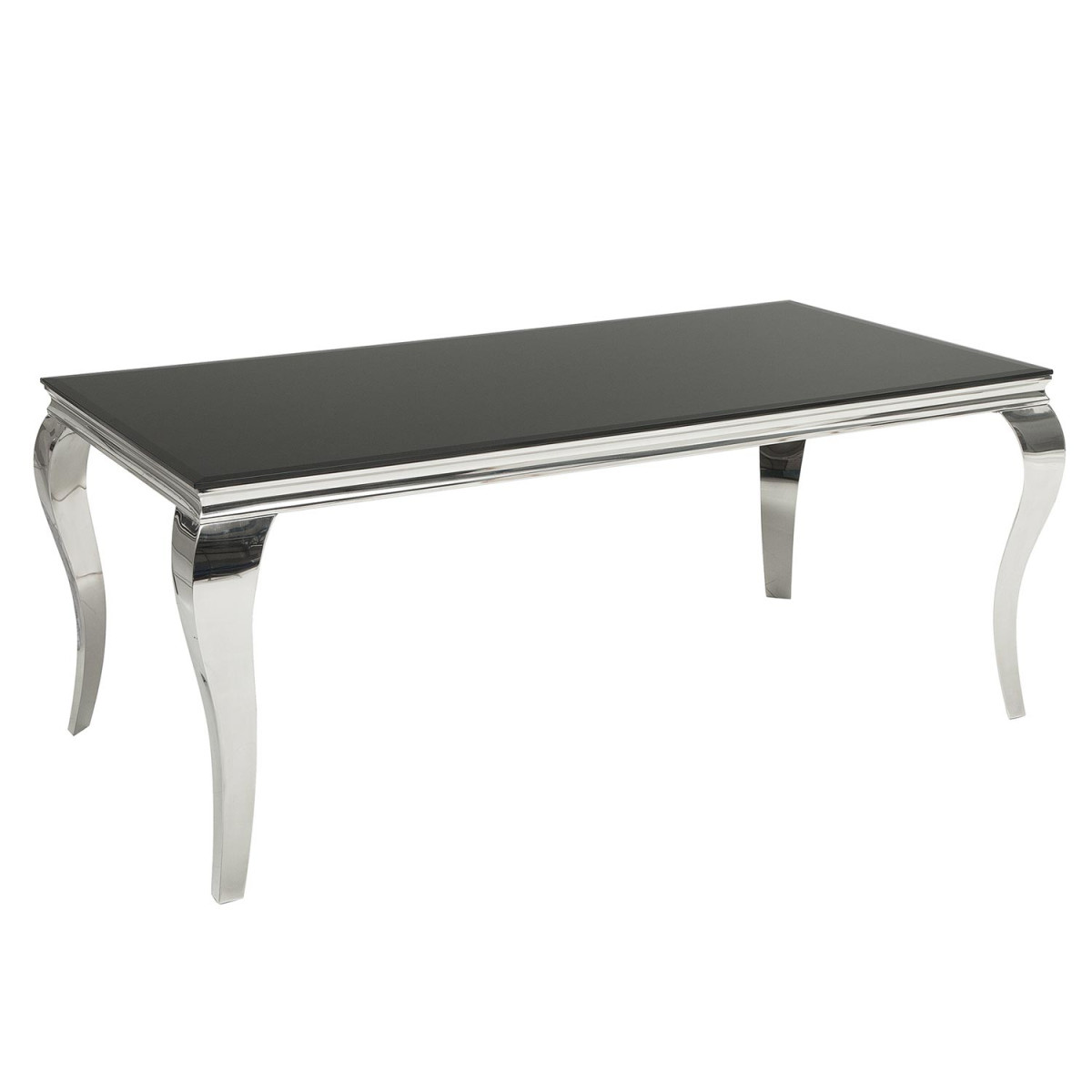 Table à manger baroque verre opale noir et pied en acier poli 1m80