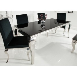 Table à manger baroque verre opale noir et pied en acier poli 1m80