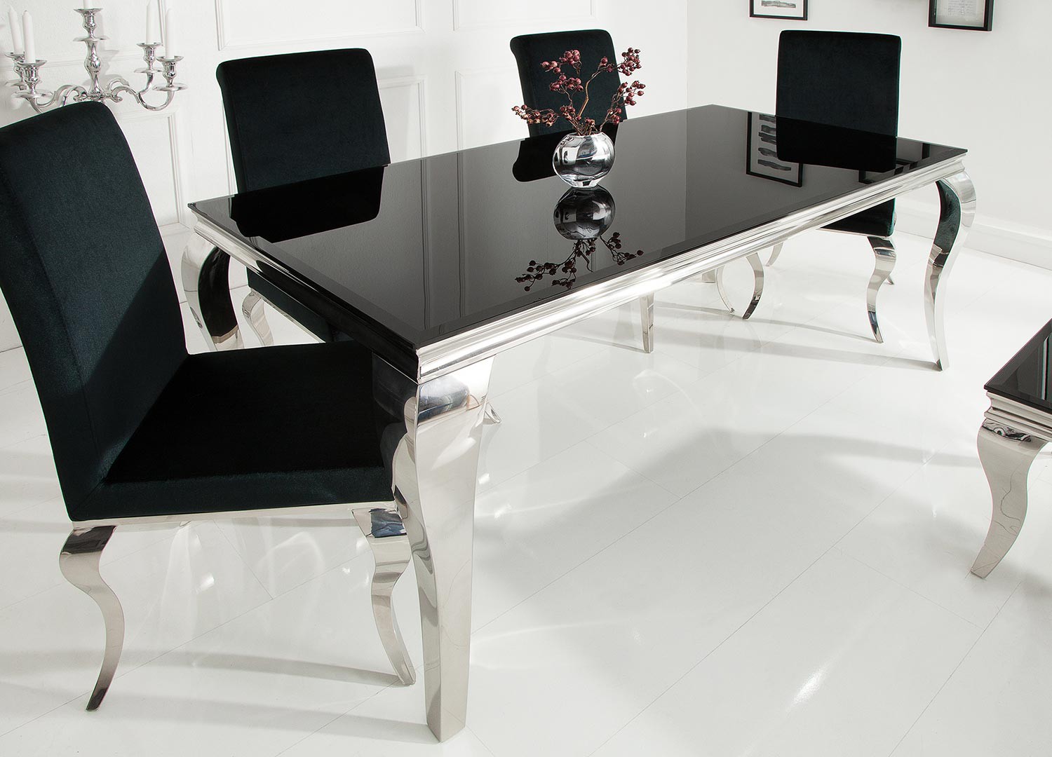 Table à manger baroque verre opale noir et pied en acier poli 1m80