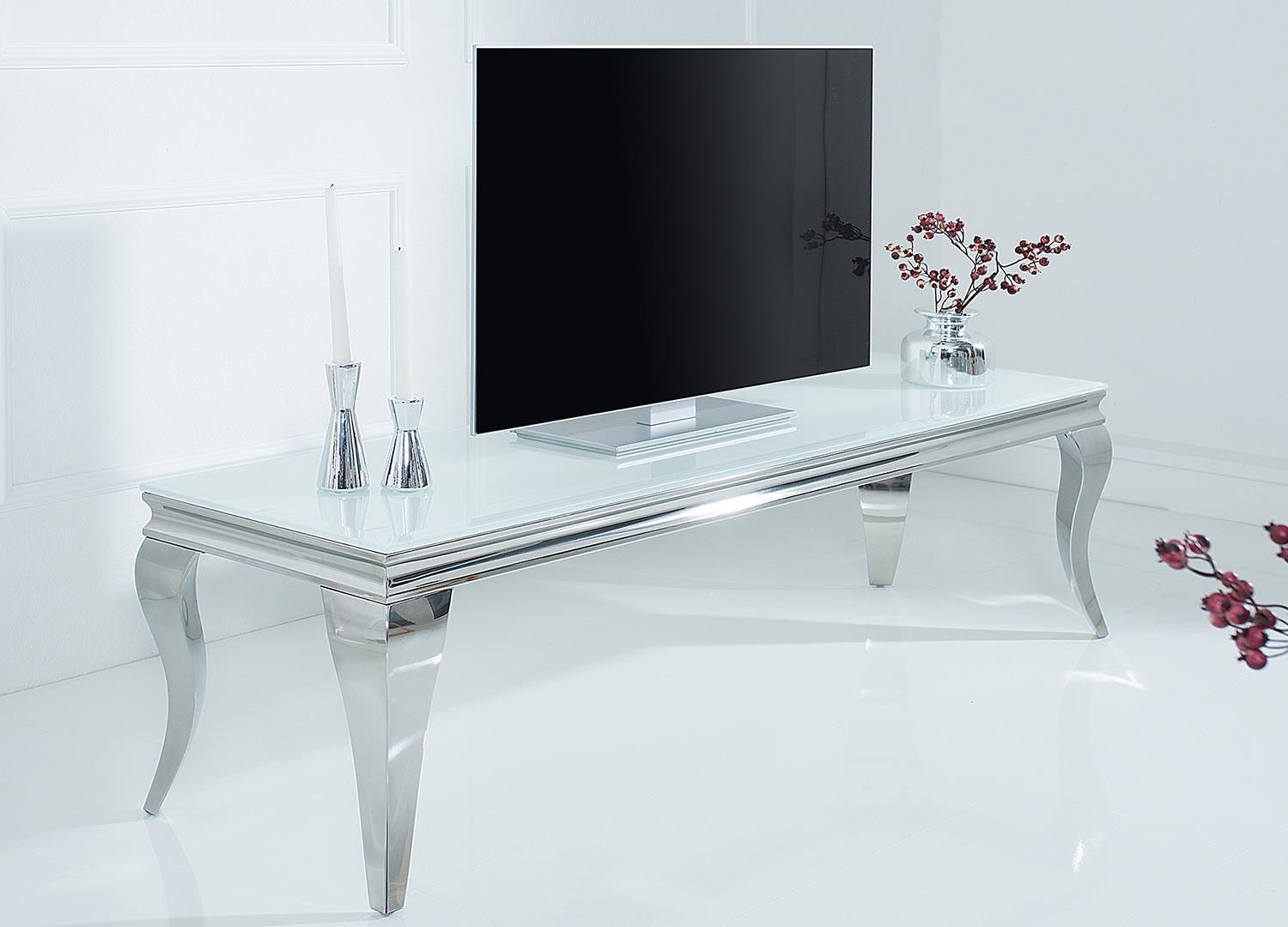 Meuble tv baroque verre opale blanc et pied en acier poli 160 cm