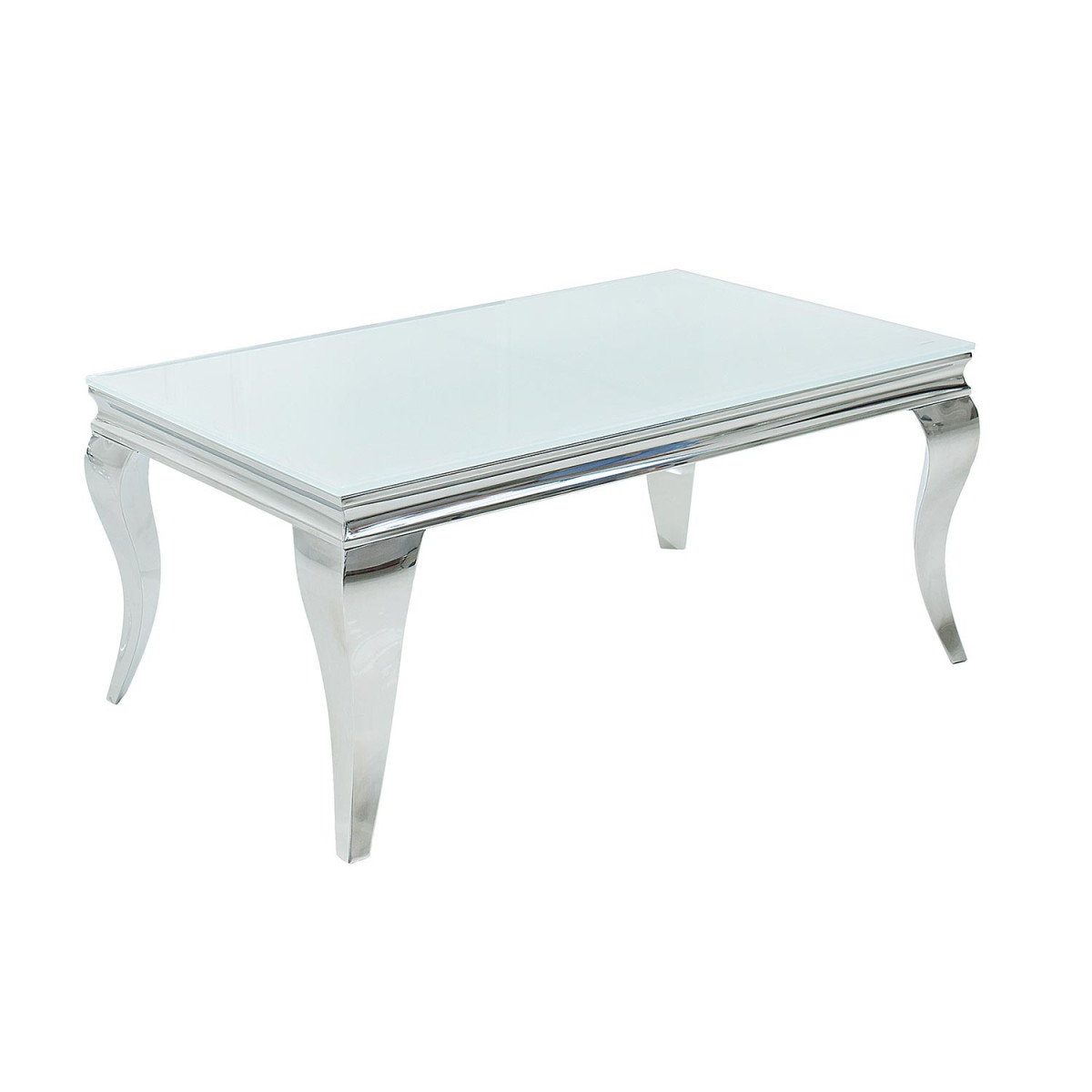 Table basse baroque verre opale blanc et pied en acier poli