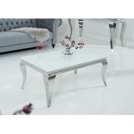 Table basse baroque verre opale blanc et pied en acier poli