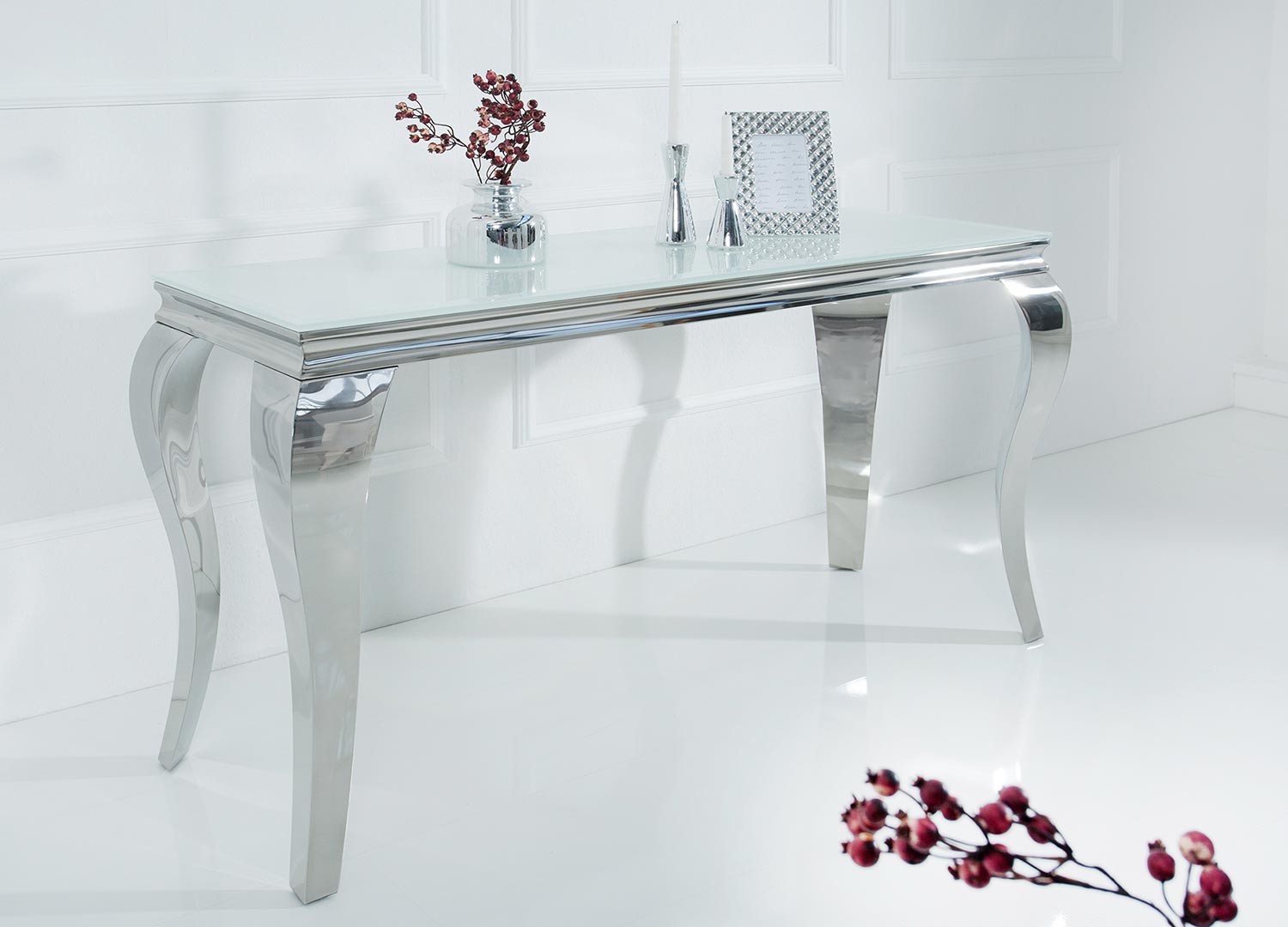 Console moderne baroque verre opale blanc et pied en acier poli