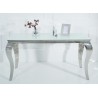 Console moderne baroque verre opale blanc et pied en acier poli