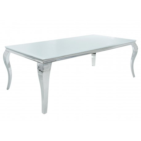 Table à manger baroque verre opale blanc et pied en acier poli 1m80