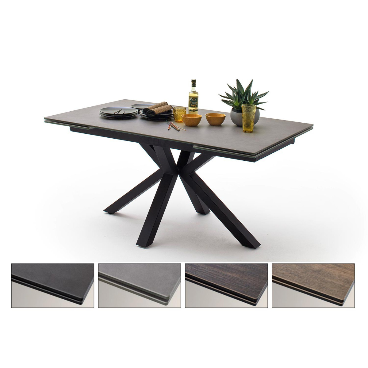 Table à manger plateau extensible céramique anthracite et piétement croisé