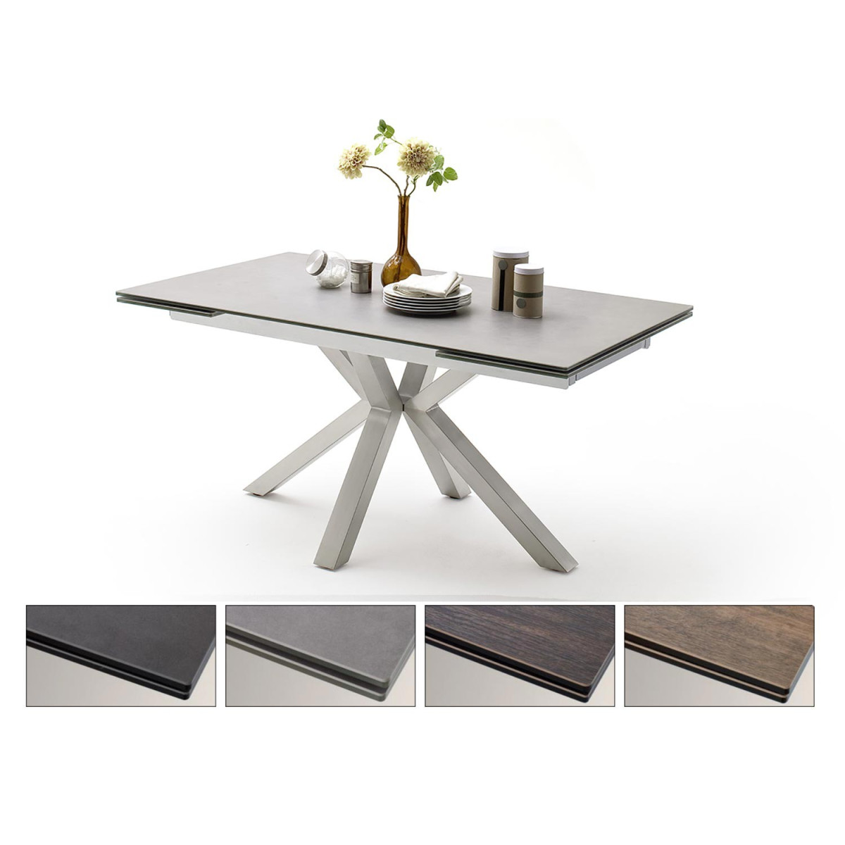 Table à manger extensible céramique et piétement croisé acier brossé