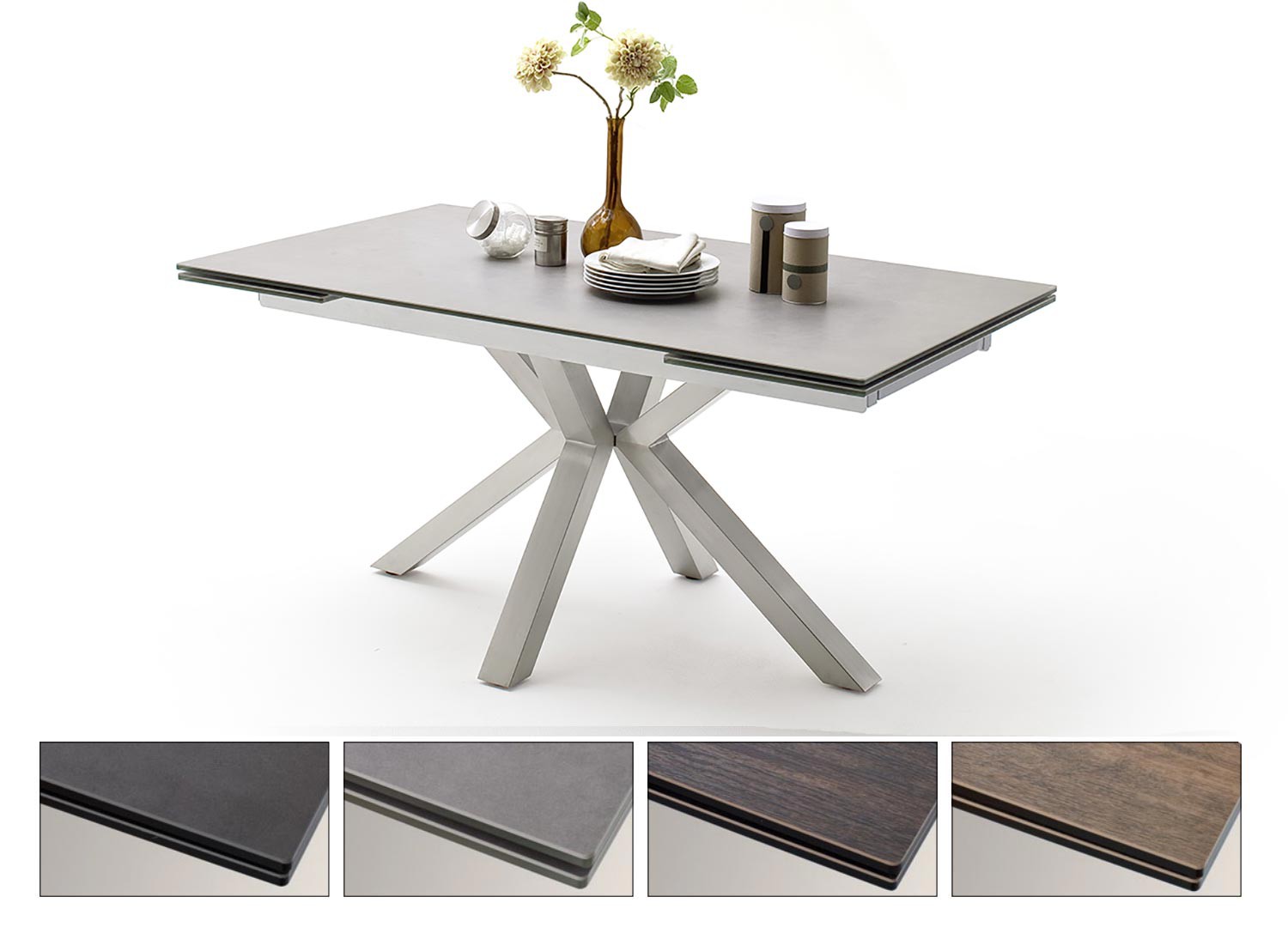 Table à manger extensible céramique et piétement croisé acier brossé