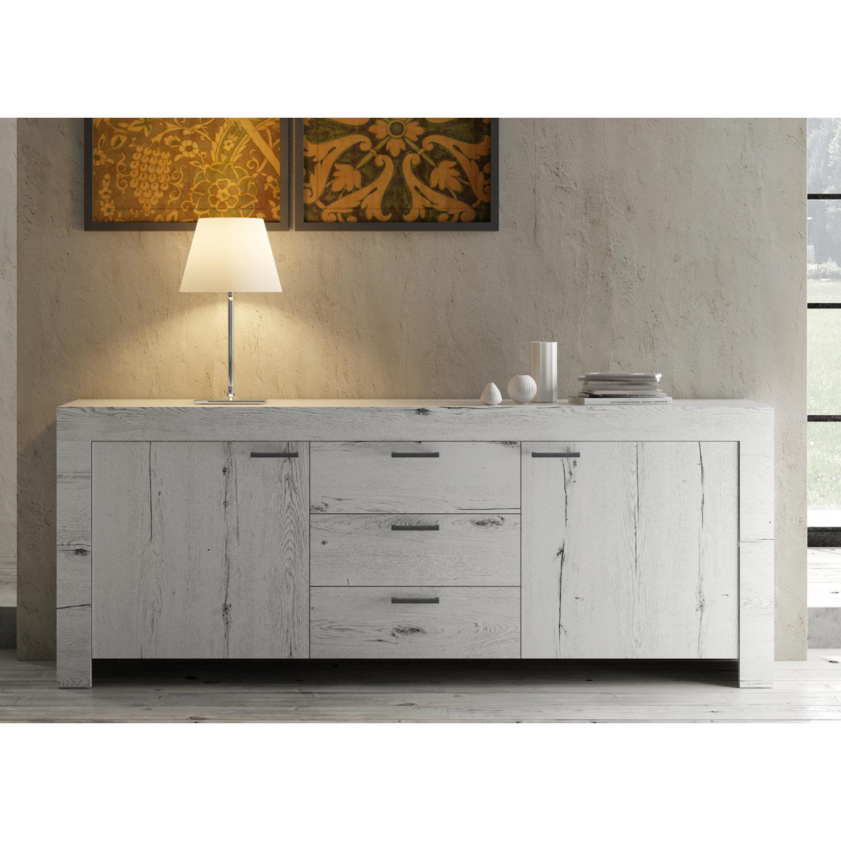 Buffet design bois chêne blanchi 2 portes et 3 tiroirs