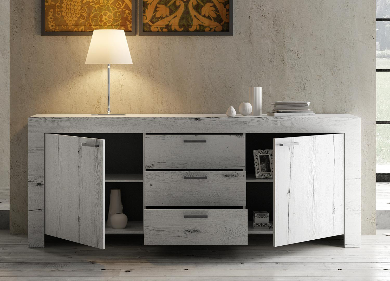 Buffet design bois chêne blanchi 2 portes et 3 tiroirs ...