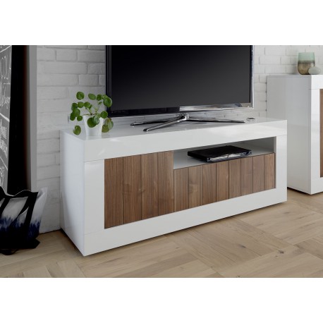 Meuble TV blanc laqué et noyer 3 portes 138 cm