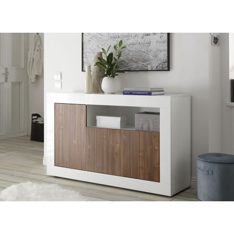 Meuble buffet blanc laqué et noyer 3 portes 138 cm