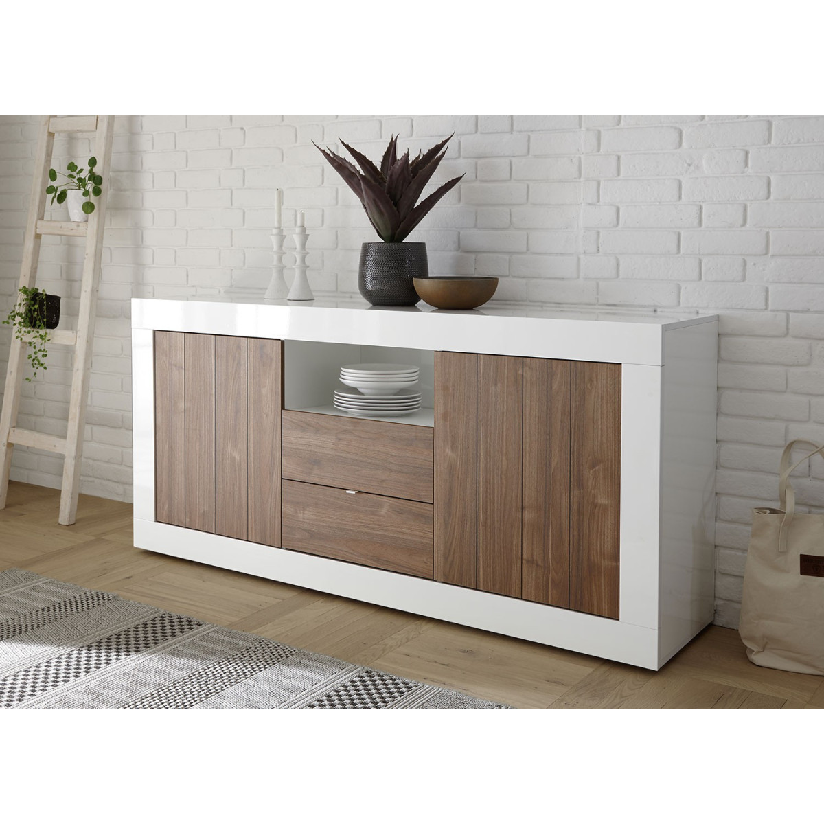 Meuble buffet blanc laqué et noyer 2 portes et 2 tiroirs 184 cm