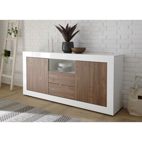 Meuble buffet blanc laqué et noyer 2 portes et 2 tiroirs 184 cm