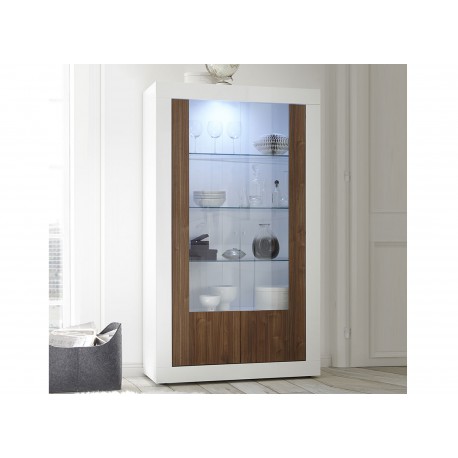 Meuble vitrine design blanc laqué 2 portes verre et bois noyer