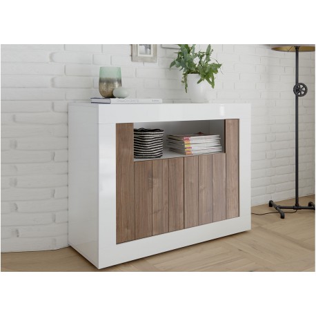 Meuble commode blanc laqué et noyer 2 portes et 1 niche