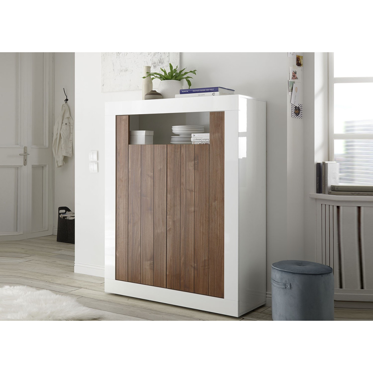 Buffet bahut haut blanc laqué et noyer 2 portes