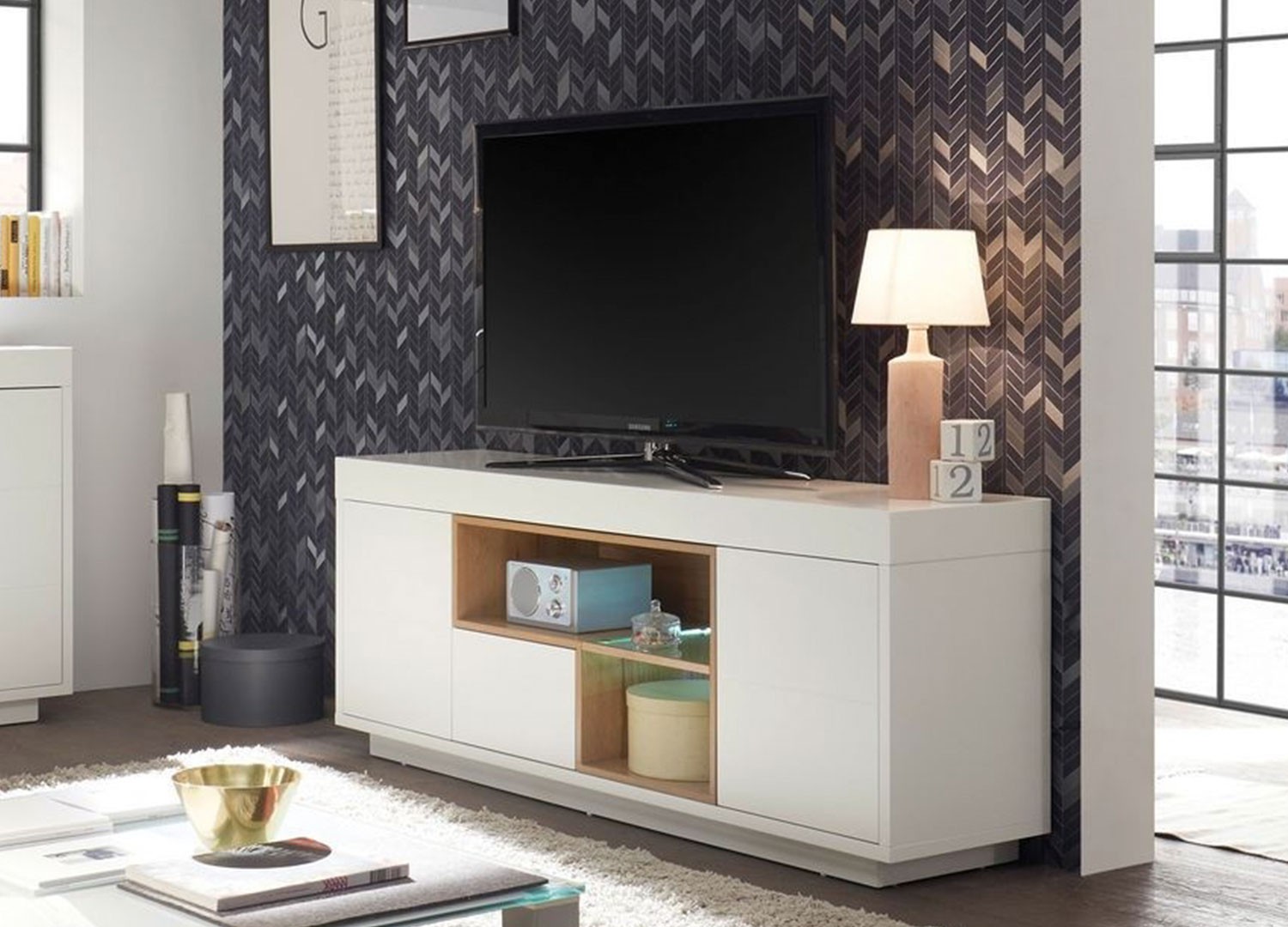 Meuble TV design blanc laqué mat et bois 169 cm