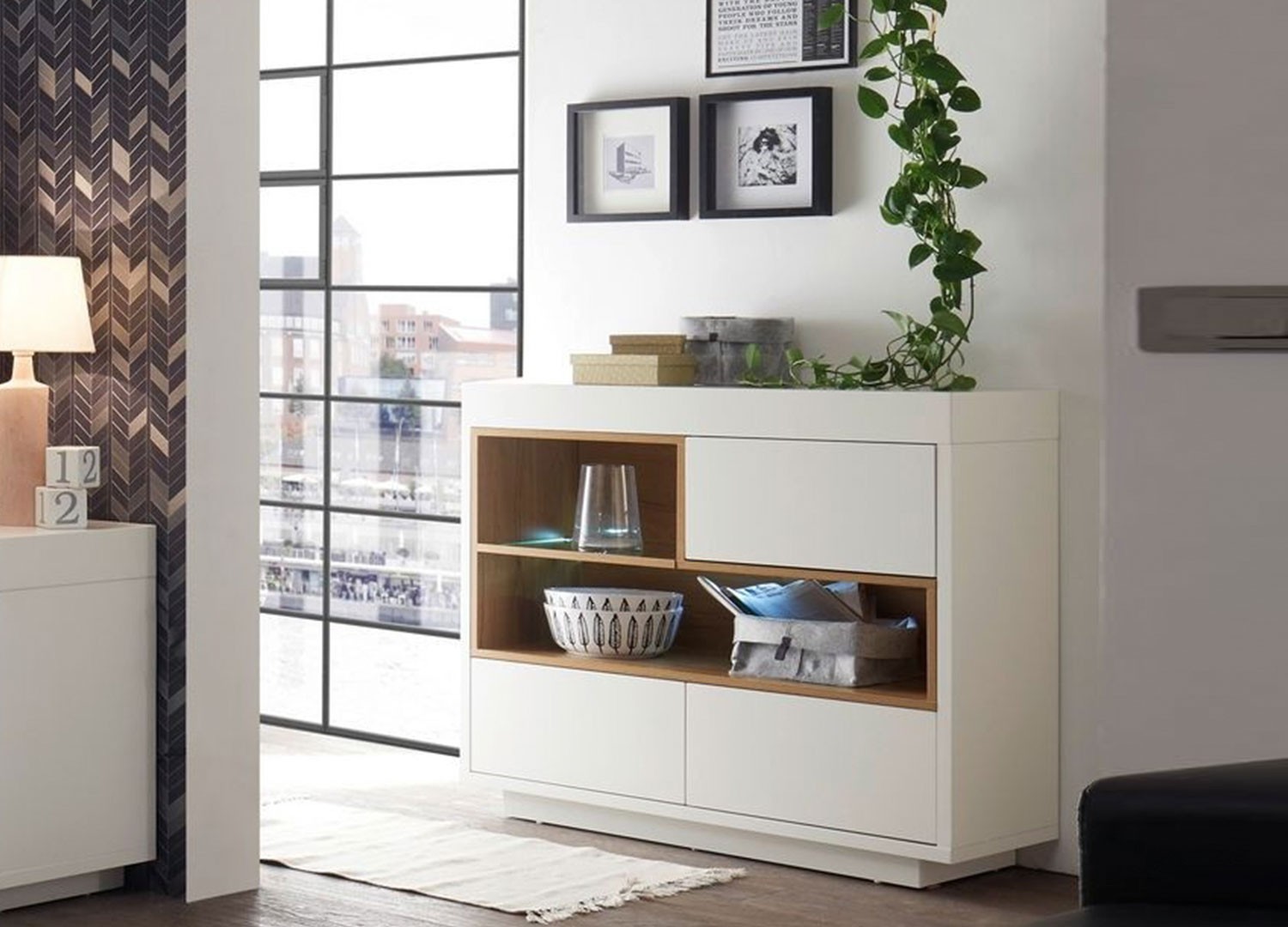 Meuble rangement commode blanc laqué mat et chêne 3 tiroirs