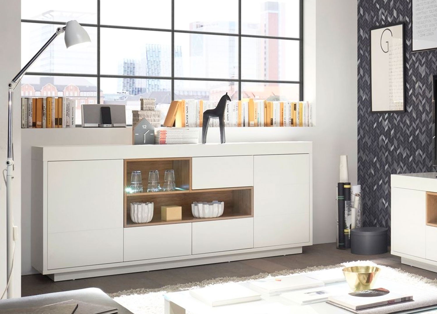 Buffet design blanc et bois 2 portes, 3 tiroirs et niches 169 ou 193 cm