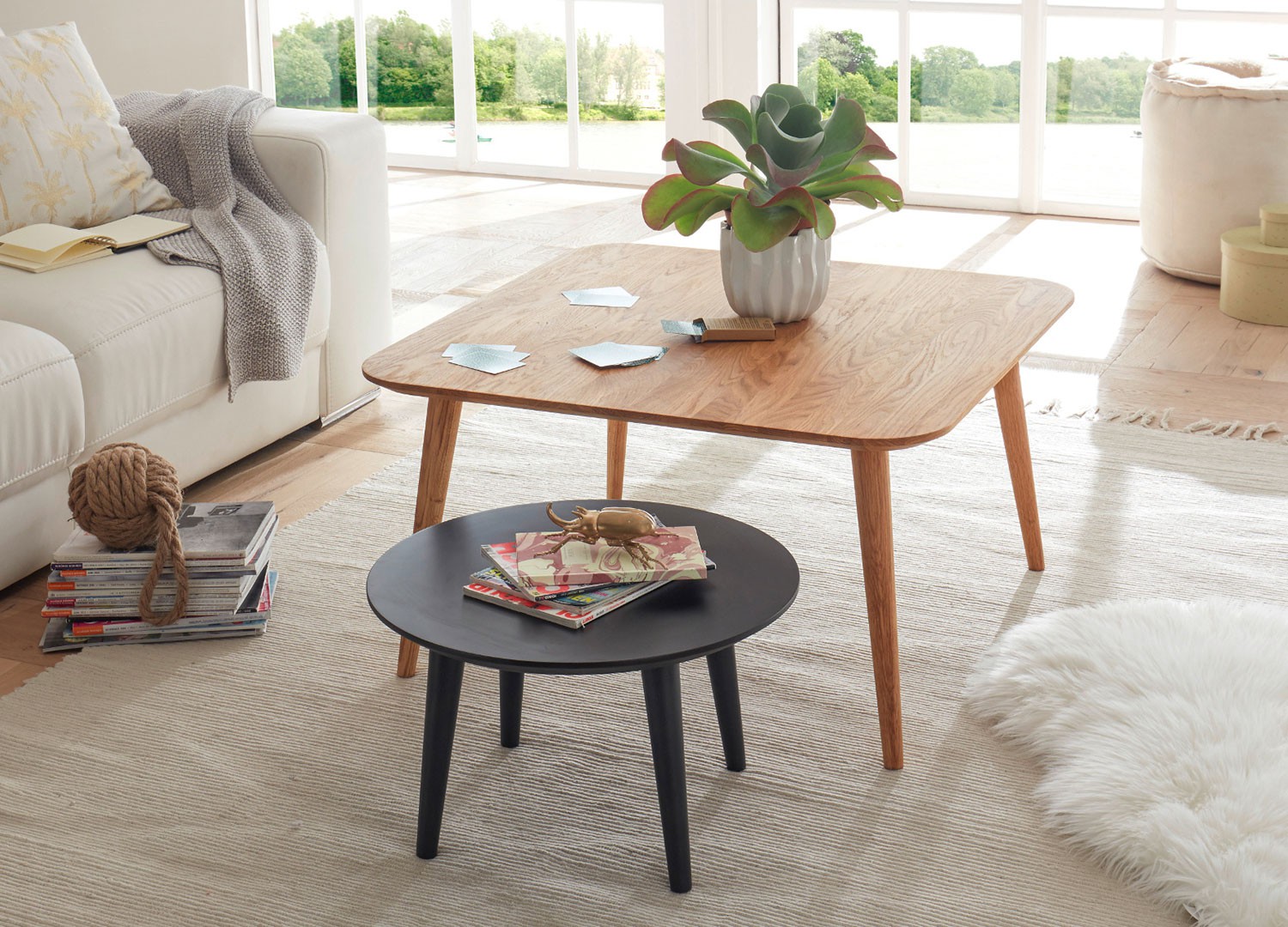 Lot de 2 tables basses chêne massif carrée et ronde anthracite