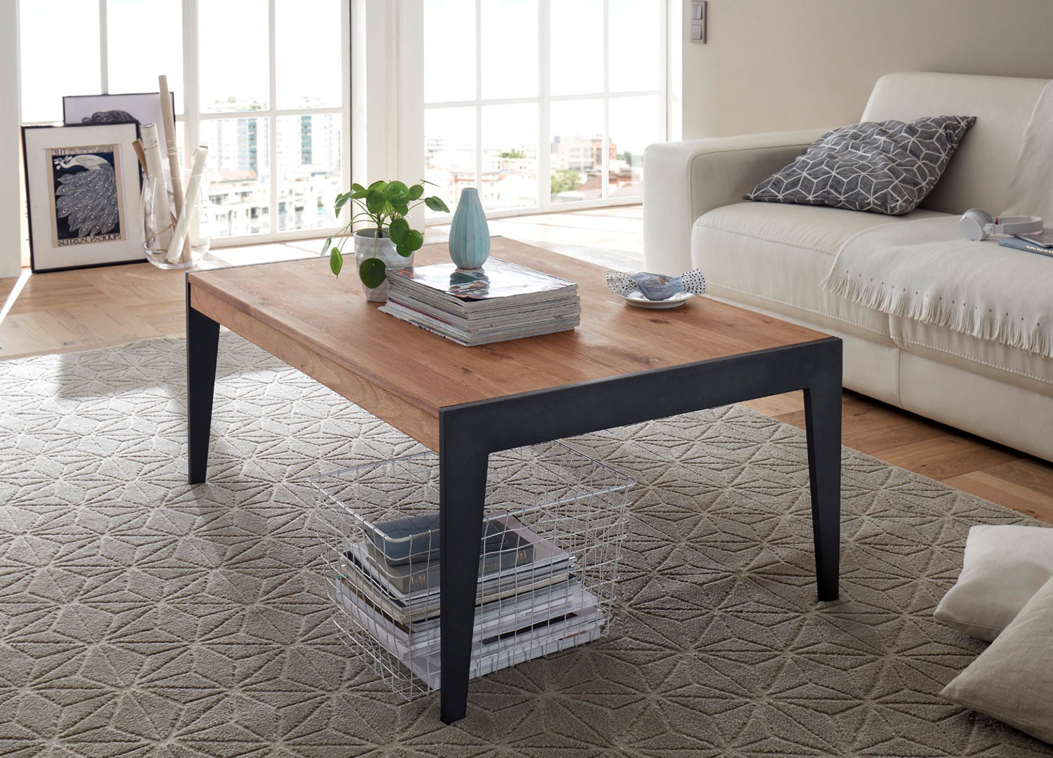 Table basse rectangulaire chêne massif et structure métal noir