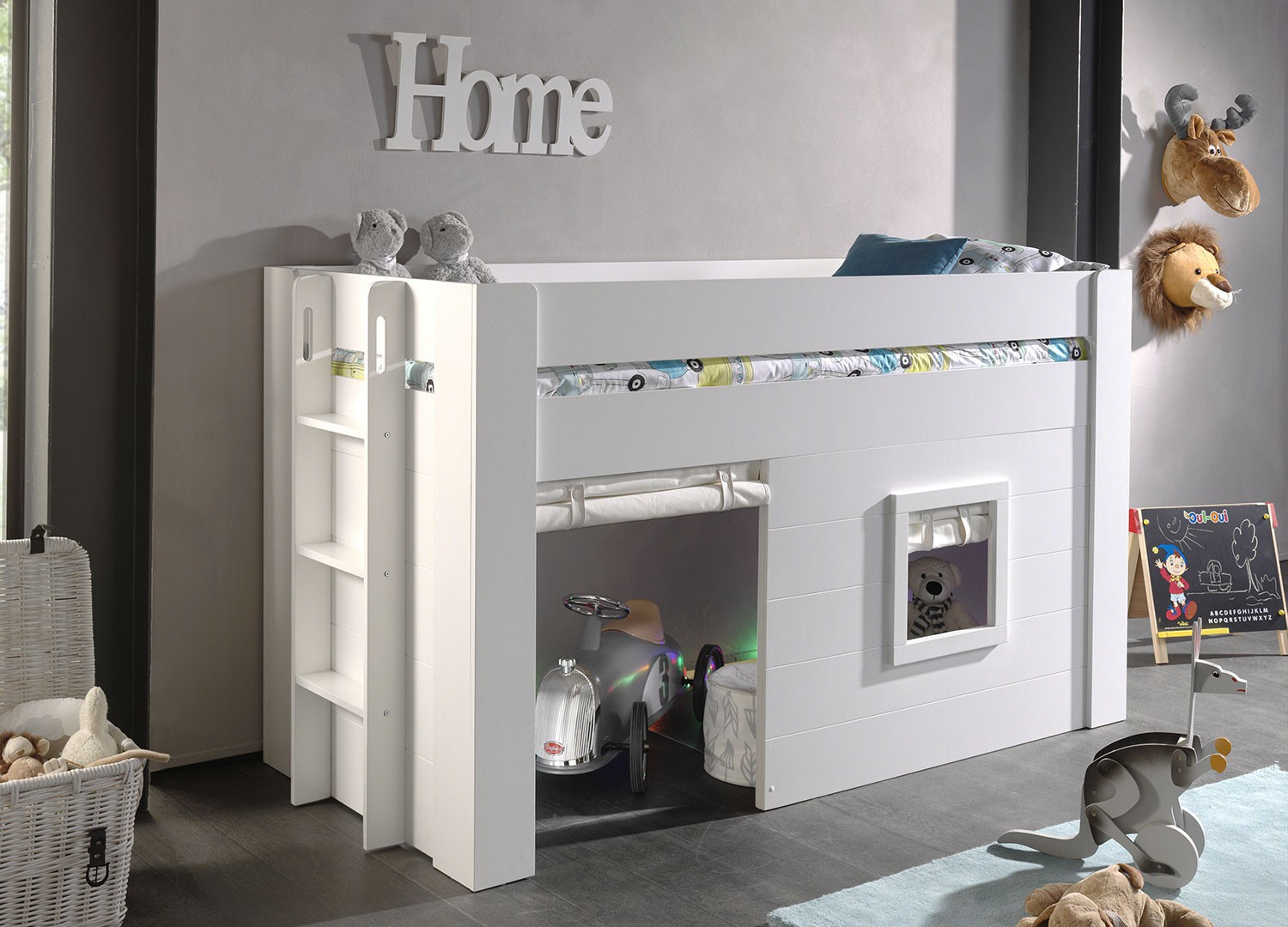 Lit mi-hauteur blanc avec rangement pour chambre enfant & ado