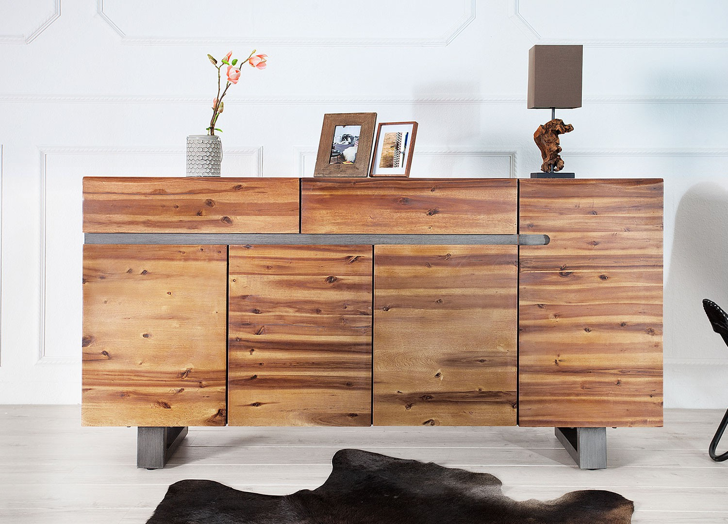 Buffet bois massif en acacia pied luge industriel  CbcMeubles